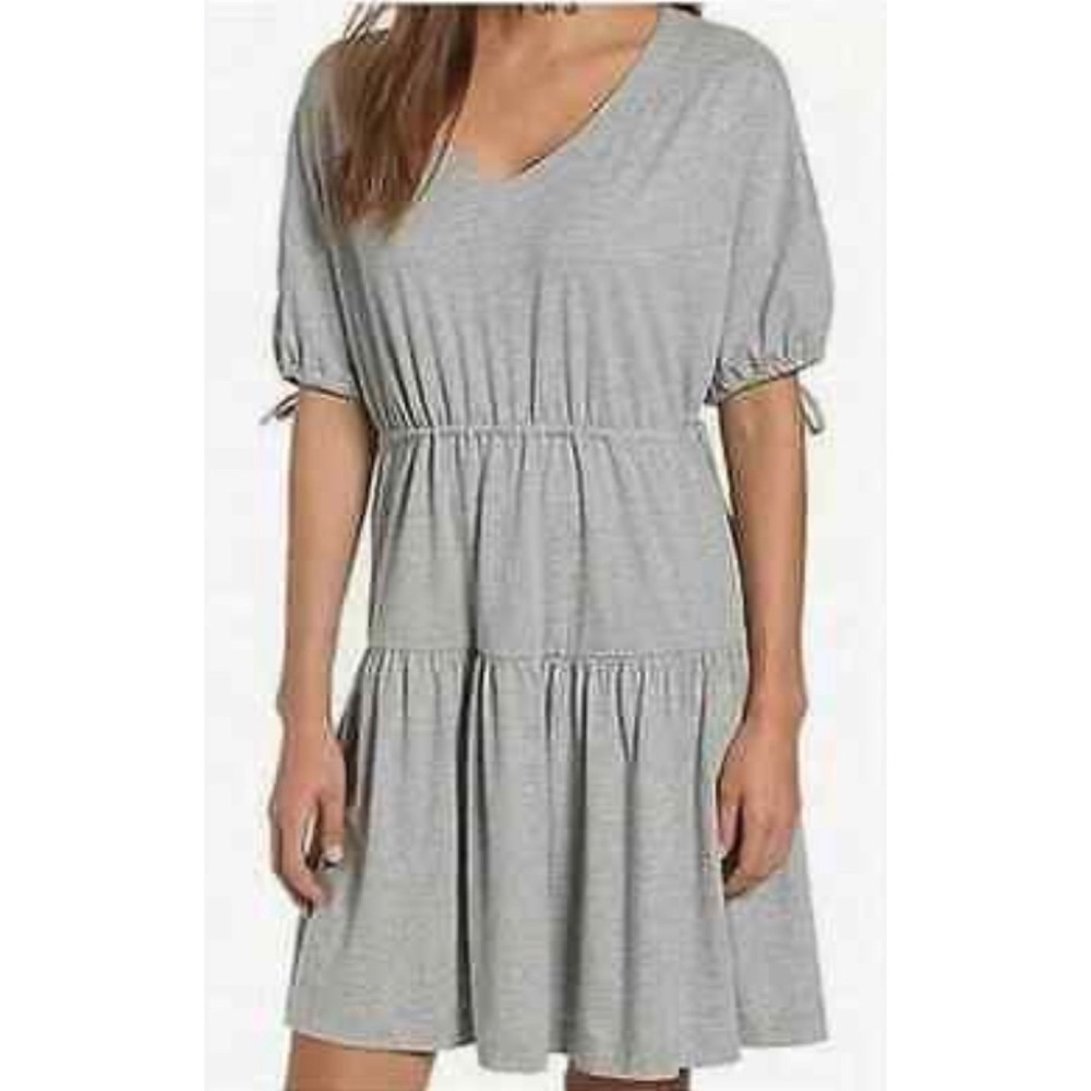 Caslon Gray V Neck Drawstring Tie Layer Jersey Knit Dress XXS Petite